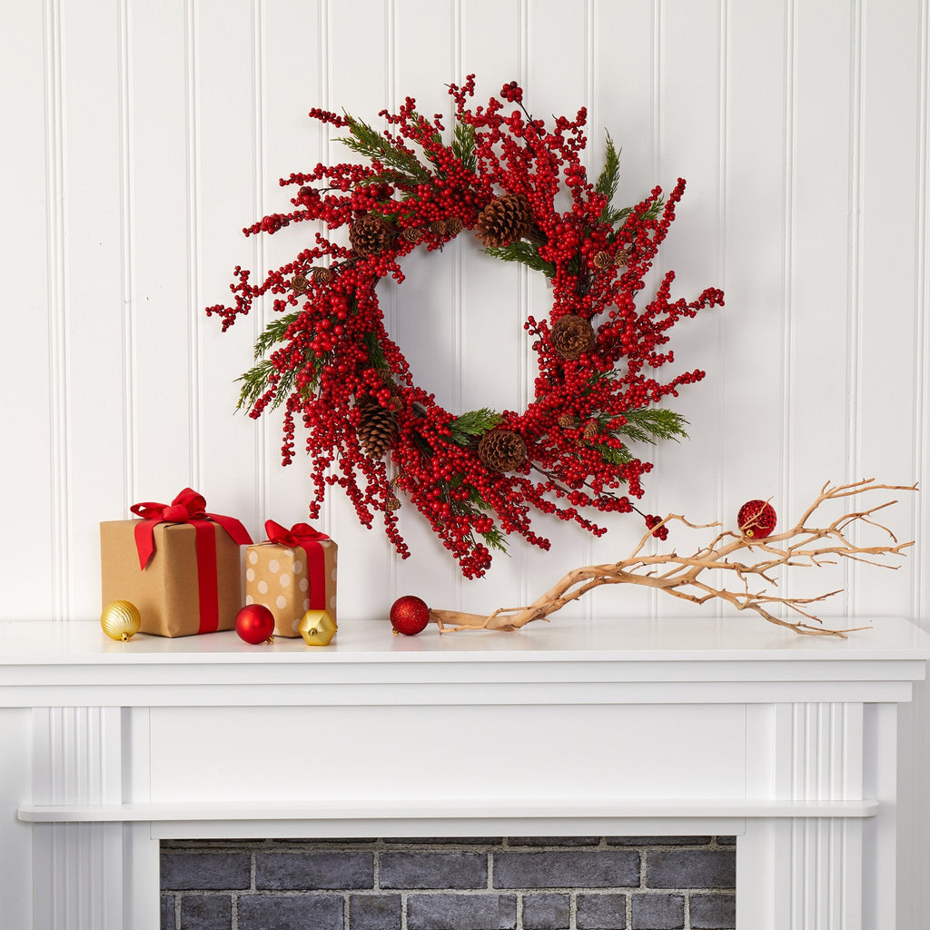 28” Cypress Artificial Wreath with Berries and Pine Cones