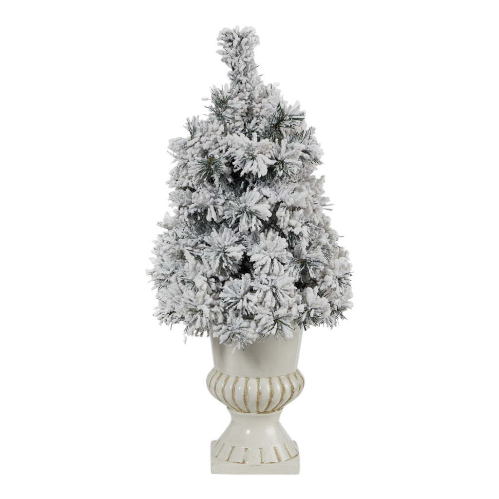 28” Flocked Artificial Christmas Tree with 30 Clear LED Lights in White Urn