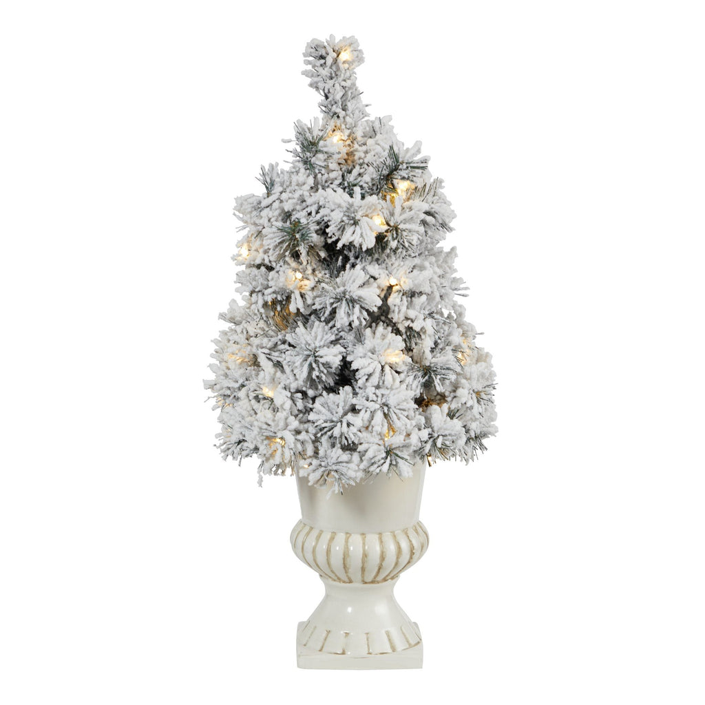 28” Flocked Artificial Christmas Tree with 30 Clear LED Lights in White Urn