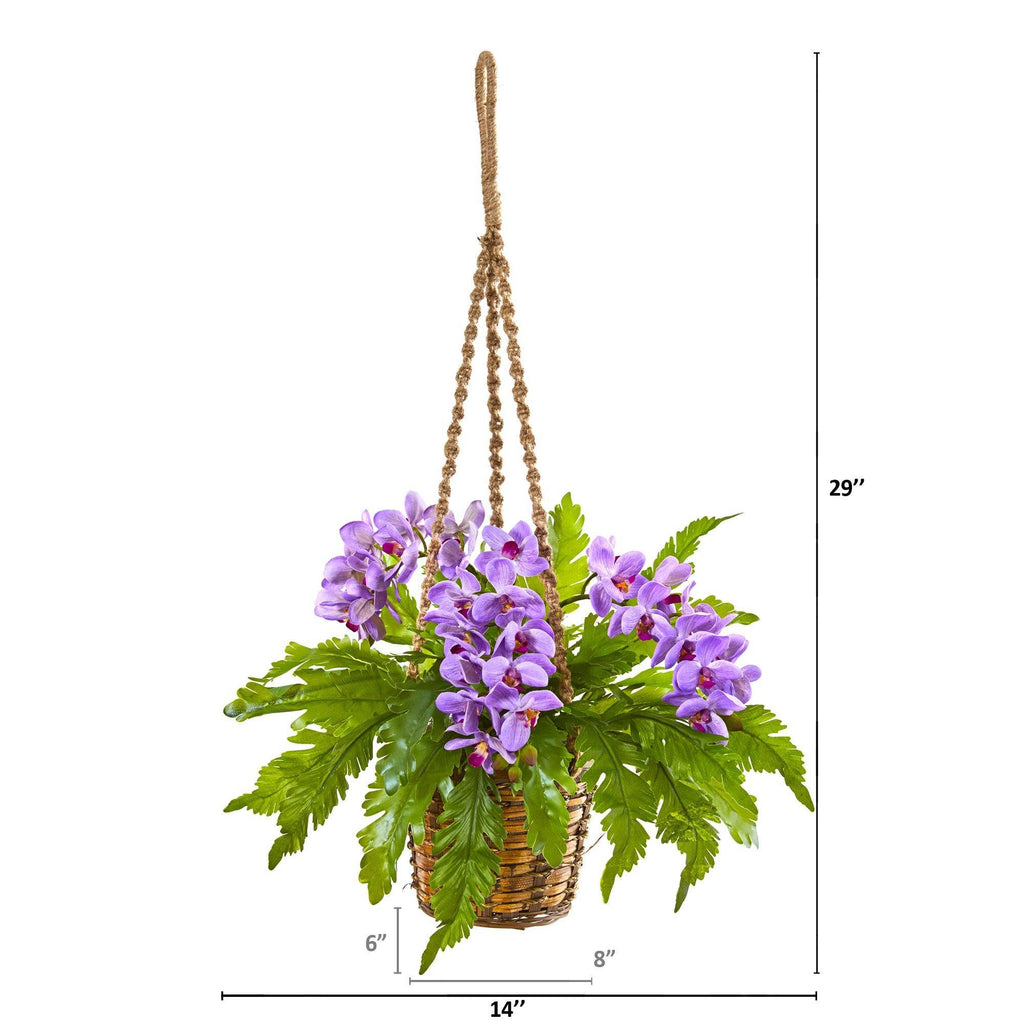 29” Artificial Plant Phalaenopsis Orchid & Fern in Hanging Basket