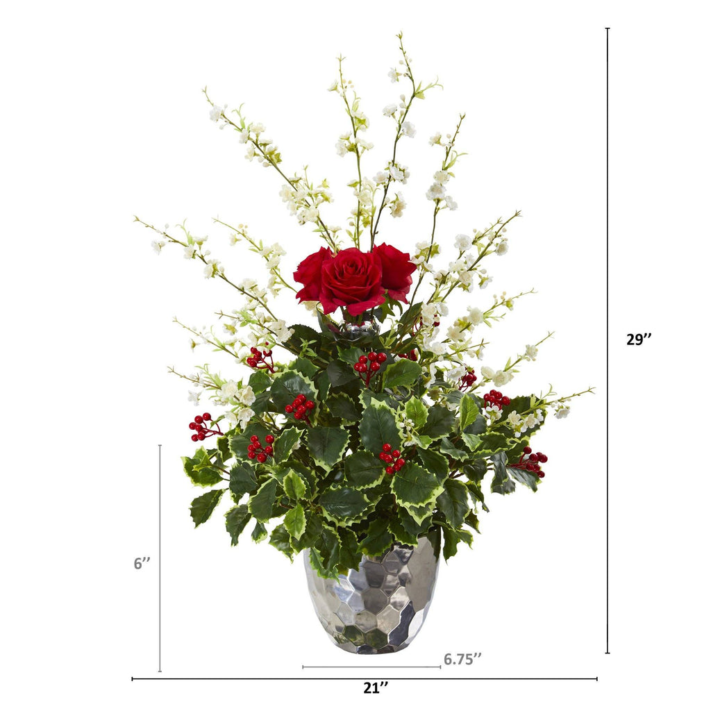 29” Rose, Cherry Blossom and Holly Leaf Artificial Arrangement in Silver Bowl