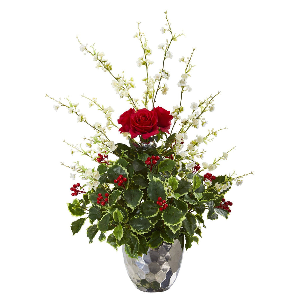29” Rose, Cherry Blossom and Holly Leaf Artificial Arrangement in Silver Bowl