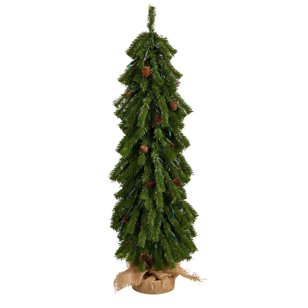 3’ Artificial Christmas Tree with Pinecones and 50 Multicolored Lights Set in a Burlap Base