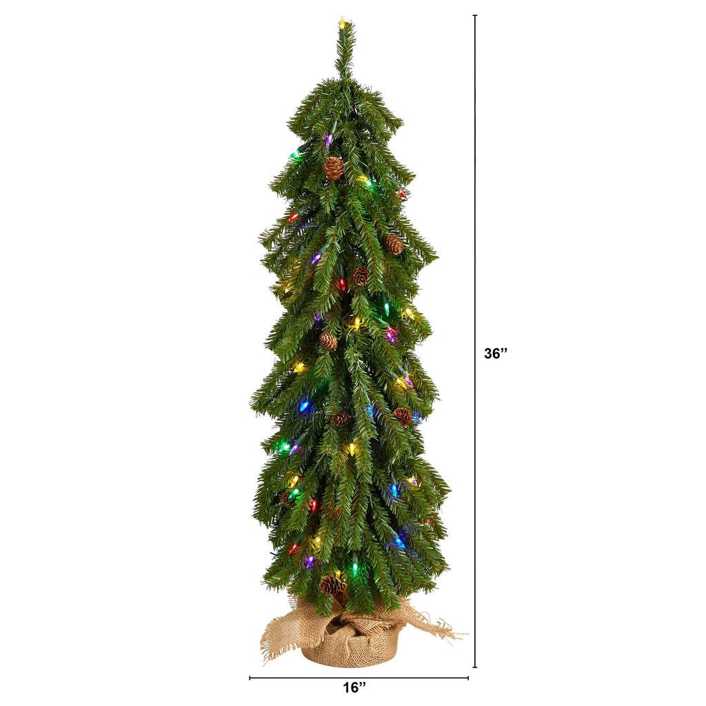 3’ Artificial Christmas Tree with Pinecones and 50 Multicolored Lights Set in a Burlap Base