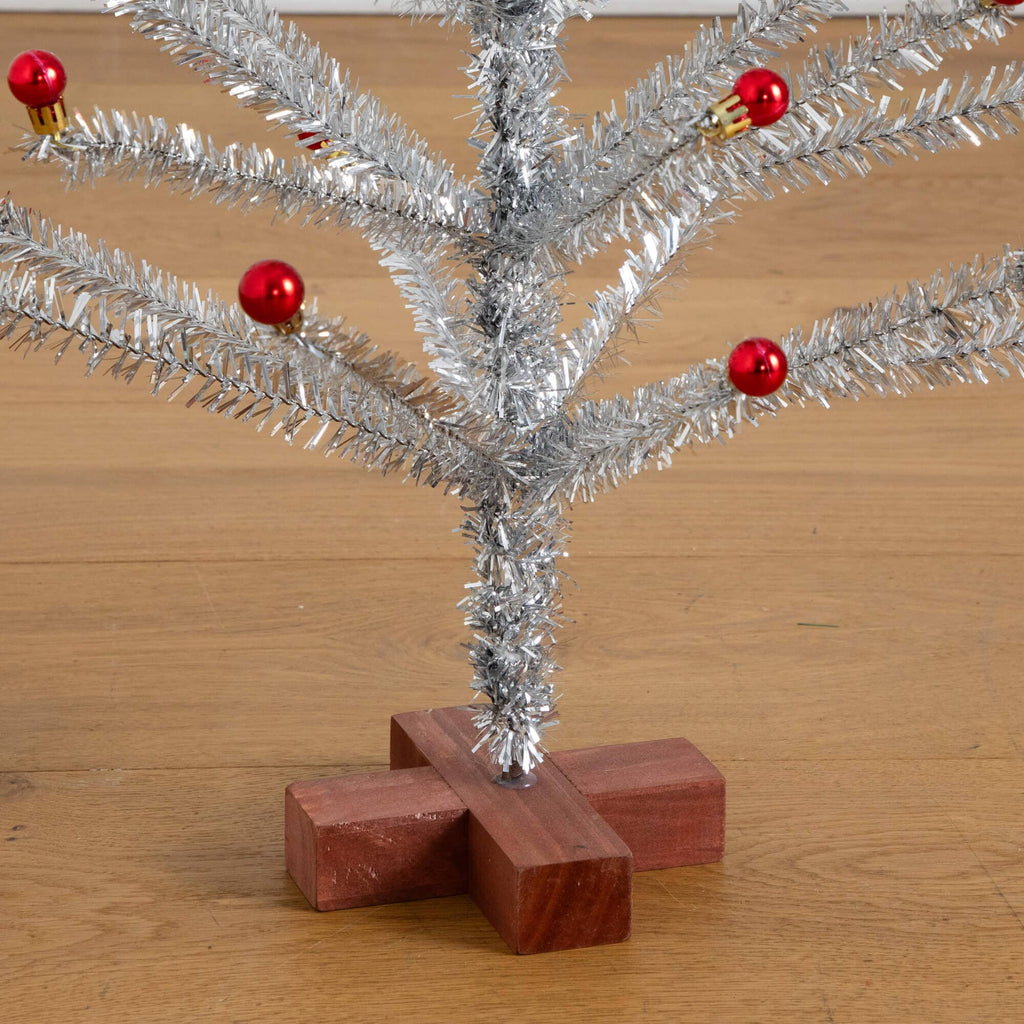 3' Artificial Retro Silver Tinsel  Christmas Tree with 45 Red Mini Ornament Balls and Wooden Base