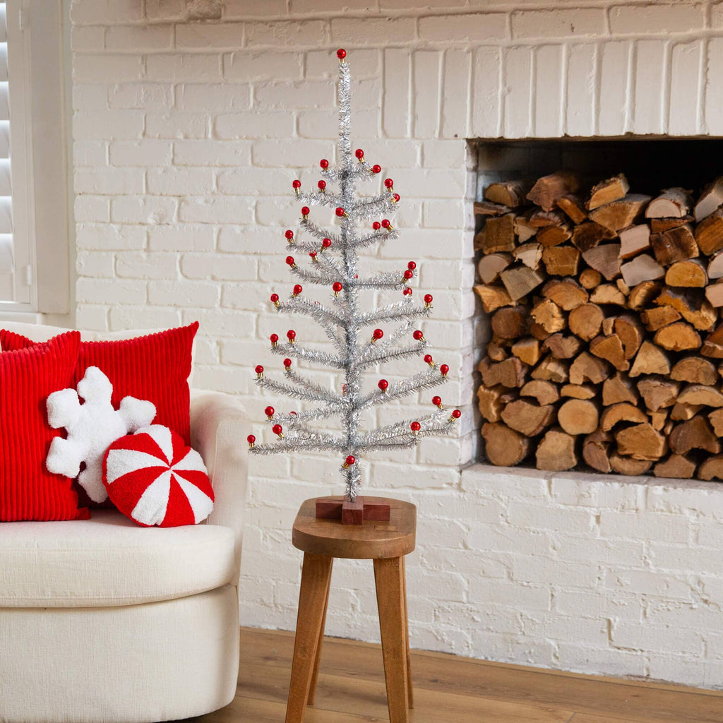 3' Artificial Retro Silver Tinsel  Christmas Tree with 45 Red Mini Ornament Balls and Wooden Base
