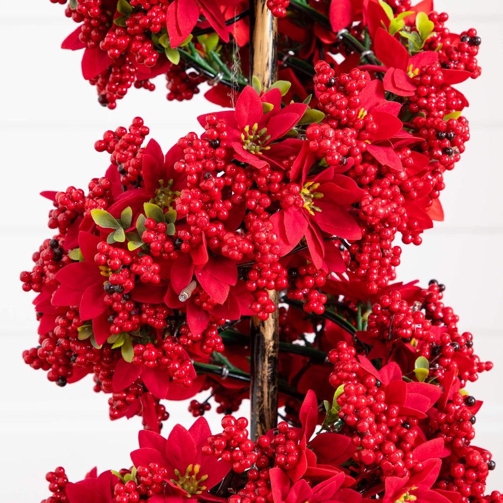 3' Pre-Lit Artificial Christmas Poinsettias and Berries Spiral Topiary Tree with 30 Warm White LED Lights