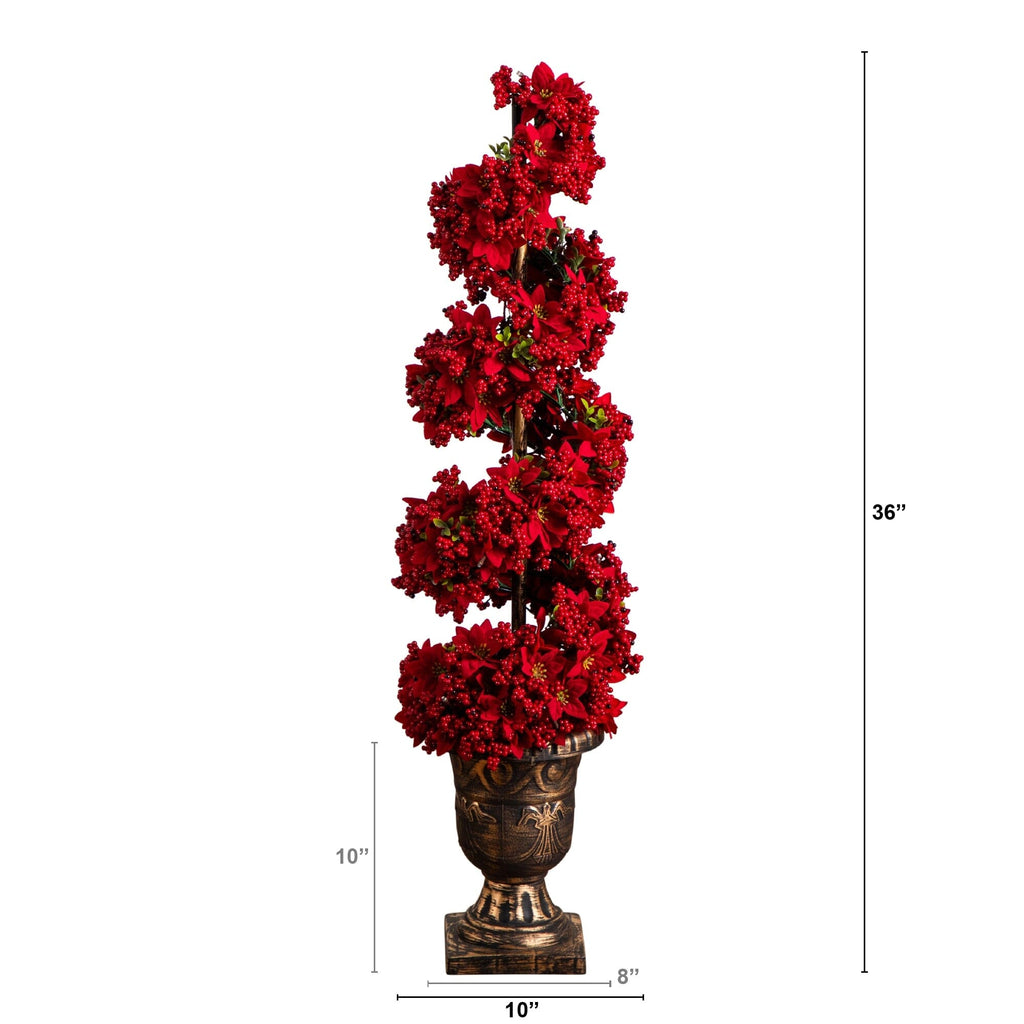 3' Pre-Lit Artificial Christmas Poinsettias and Berries Spiral Topiary Tree with 30 Warm White LED Lights