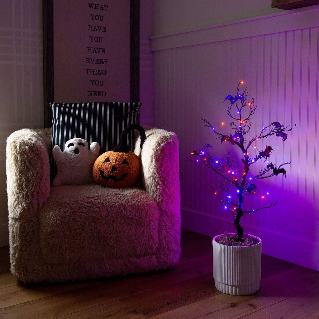 3' Pre-Lit Artificial Halloween Black Spooky Twig Tree with Bats and 100 Orange & Purple LED Lights