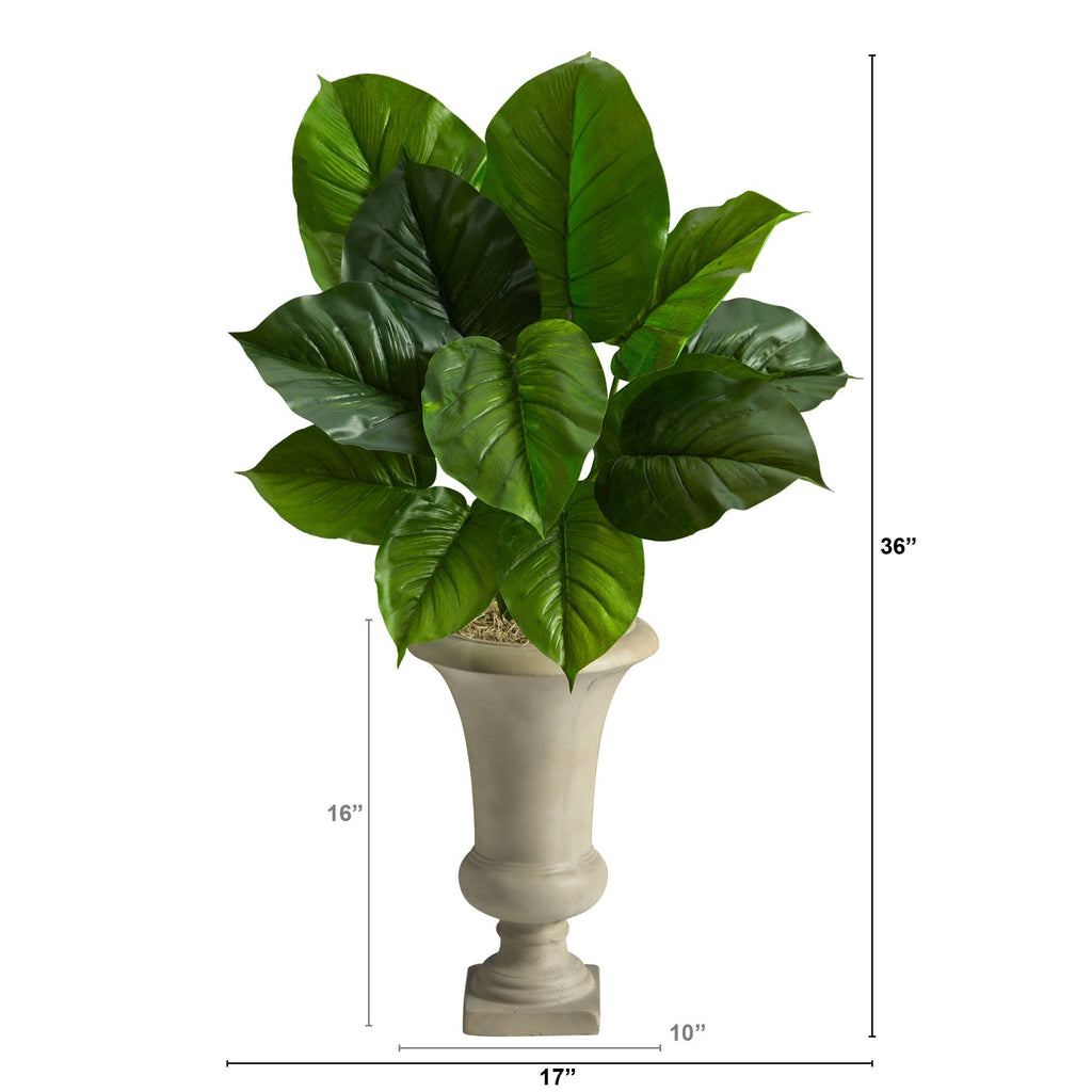 3’ Large Philodendron Leaf Artificial Plant in Sand Colored Urn