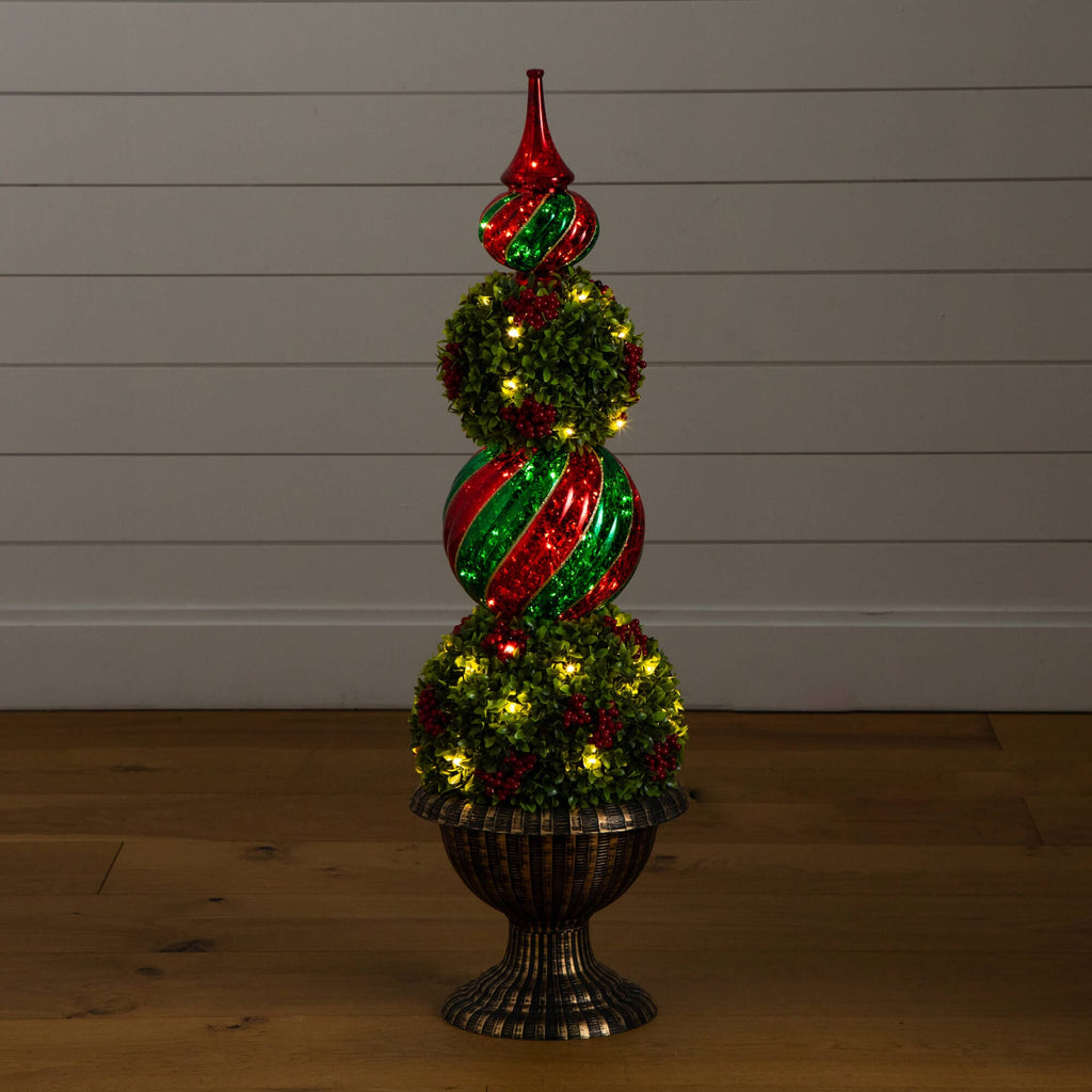 3' Pre-Lit Artificial Christmas Ornament Boxwood Topiary Tree with 70 Warm White LED Lights