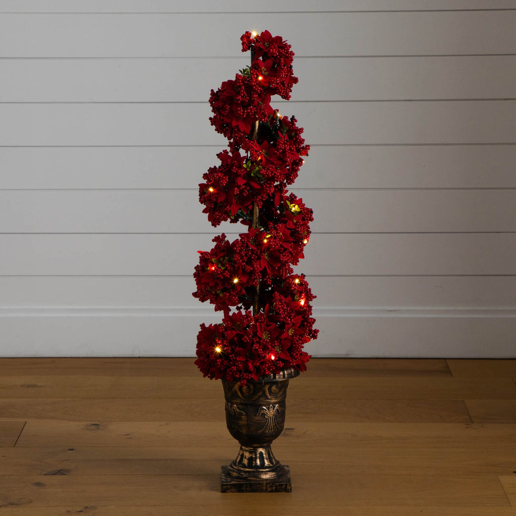 3' Pre-Lit Artificial Christmas Poinsettias and Berries Spiral Topiary Tree with 30 Warm White LED Lights