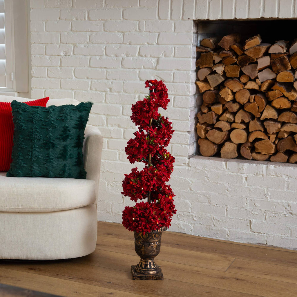3' Pre-Lit Artificial Christmas Poinsettias and Berries Spiral Topiary Tree with 30 Warm White LED Lights