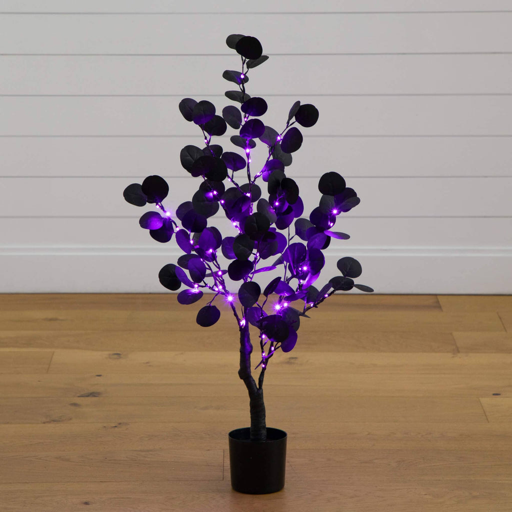 3' Pre-Lit Artificial Halloween Black Eucalyptus Tree with 80 Orange & Purple LED Lights