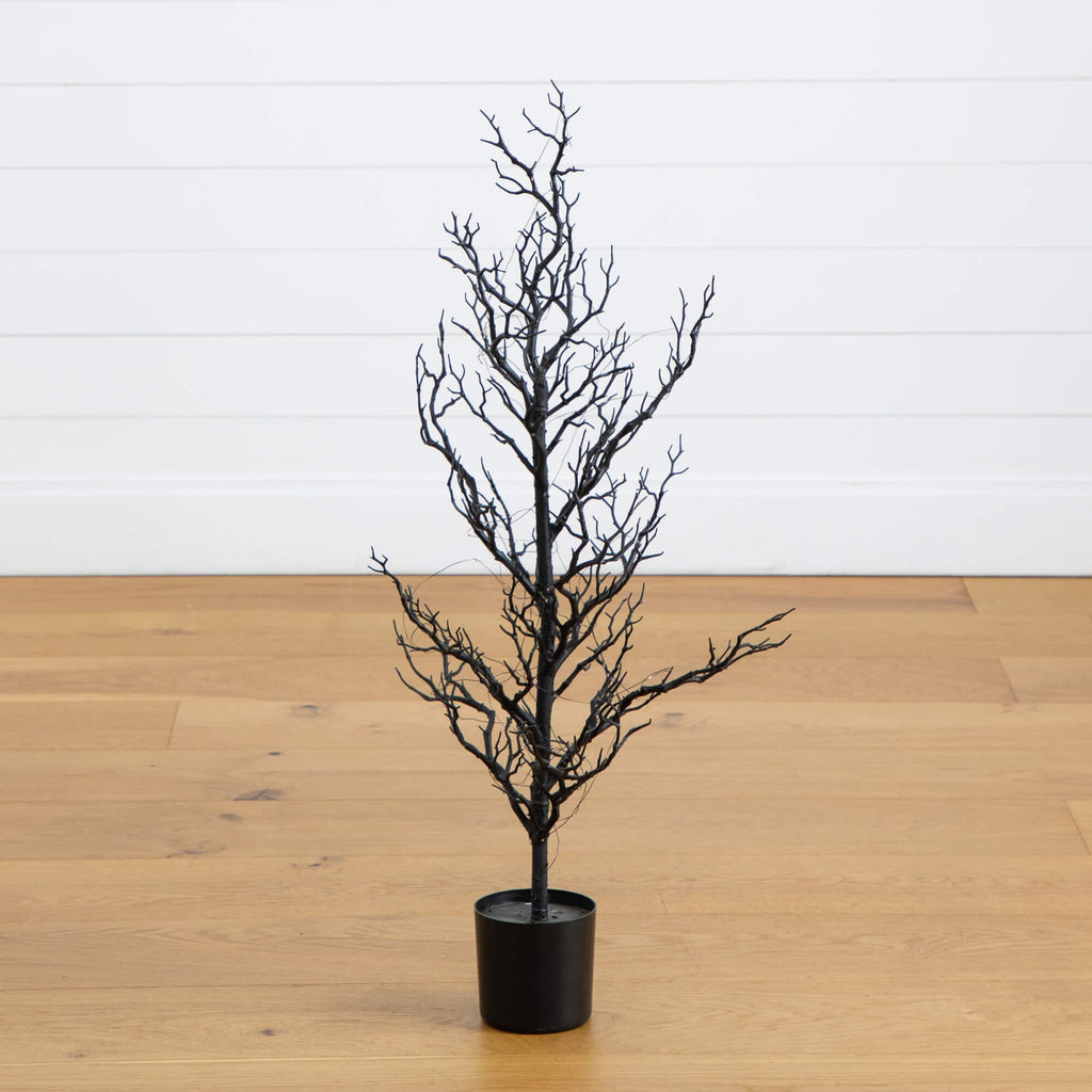 3' Pre-Lit Artificial Halloween Black Spooky Twig Tree with 100 Orange & Purple Copper Wire String LED Lights