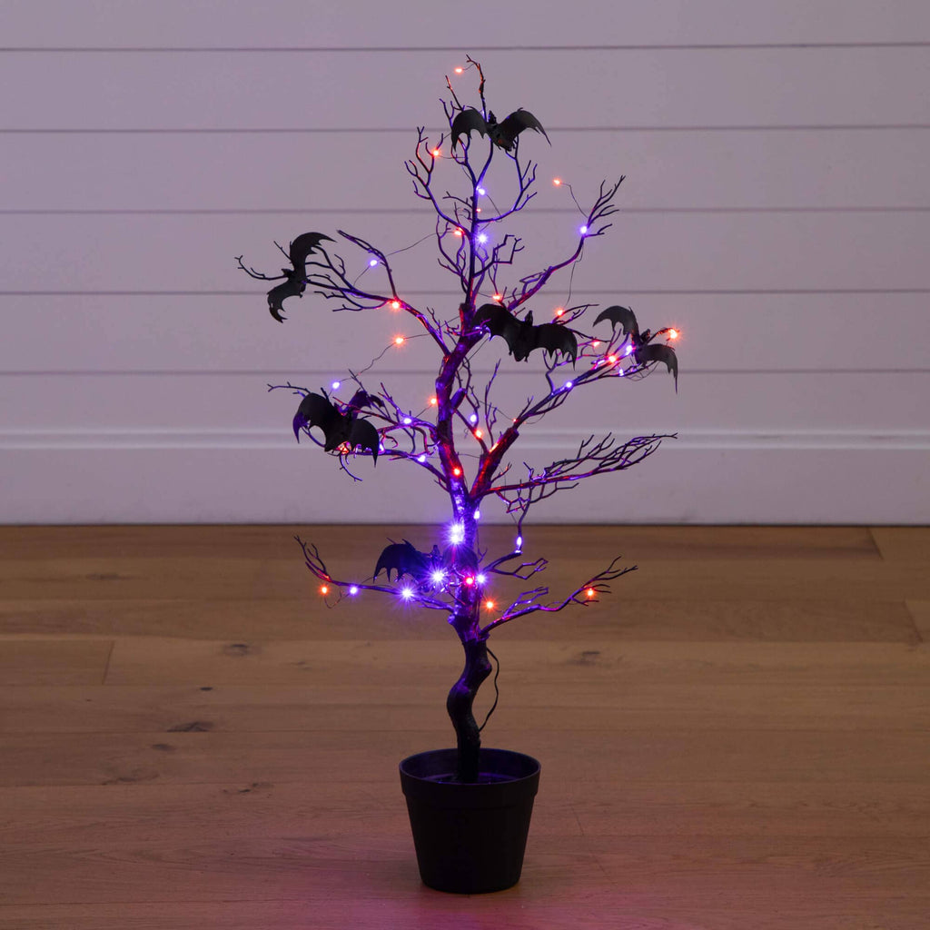 3' Pre-Lit Artificial Halloween Black Spooky Twig Tree with Bats and 100 Orange & Purple LED Lights