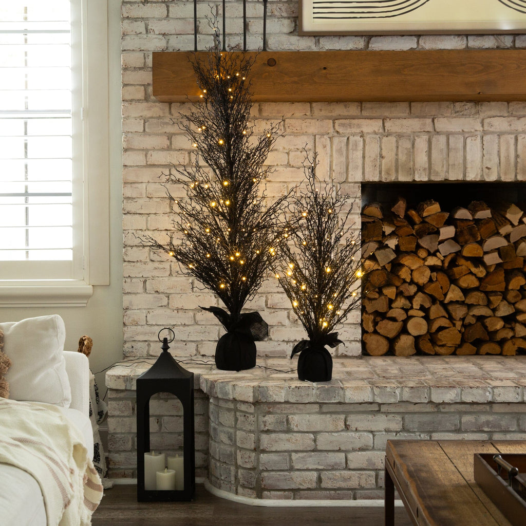 3’ Pre-Lit Halloween Black Twig Artificial Fall Tree in Burlap Planter with 42 Warm White LED Lights