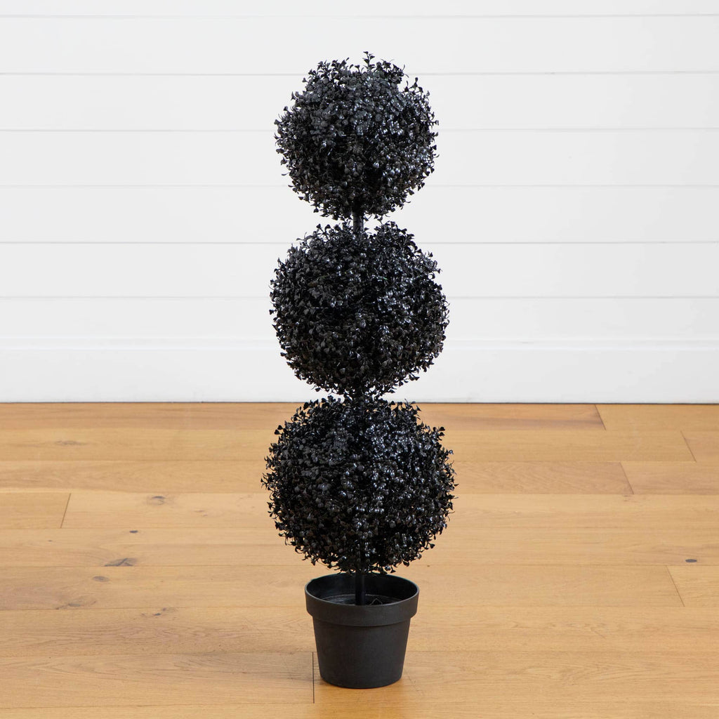 3' UV Resistant Halloween Black Artificial Triple Ball Boxwood Topiary (Indoor/Outdoor)