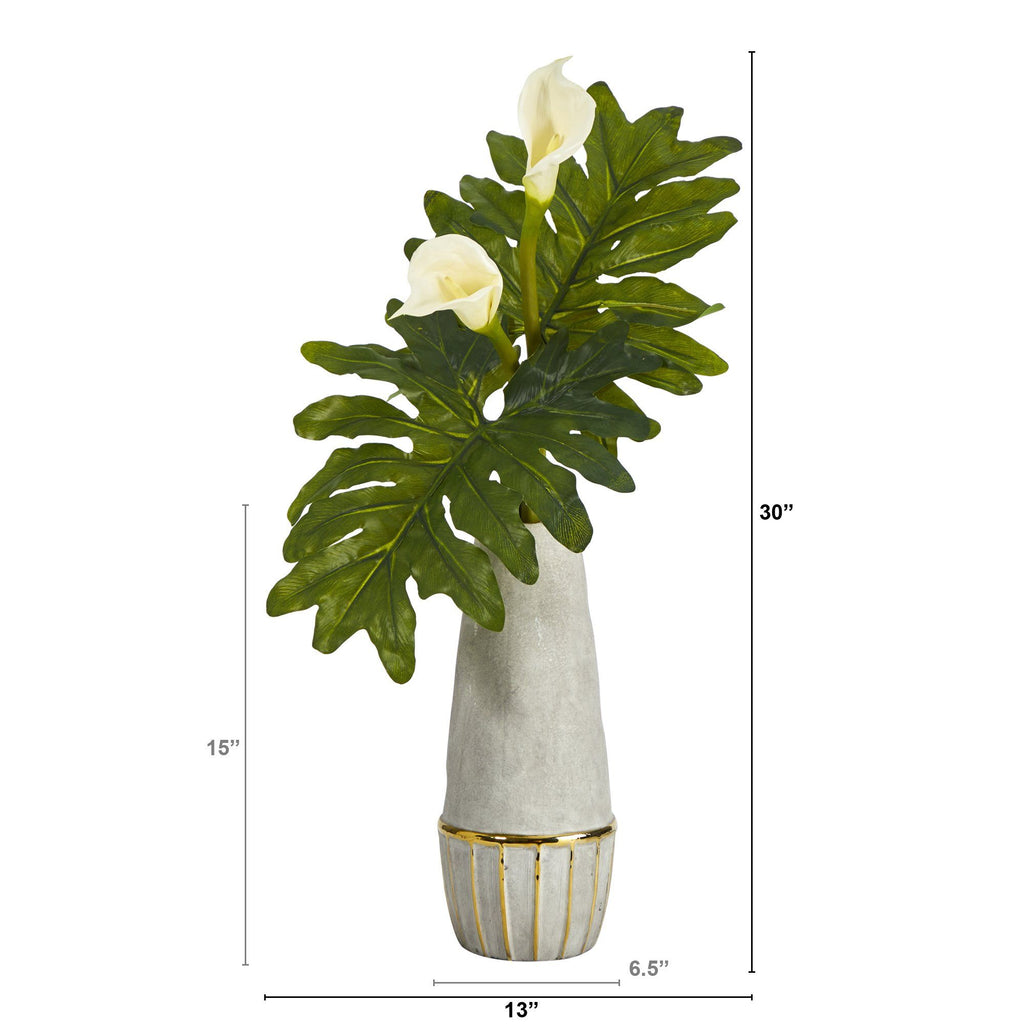 30” Calla Lily Artificial Arrangement in Stoneware Oval Vase with Gold Trimming