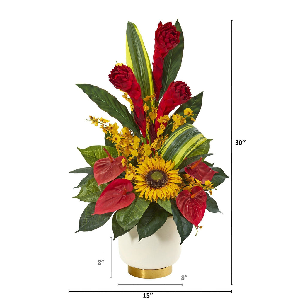 30” Mixed Tropical Floral Artificial Arrangement in Cream Vase with Gold Base