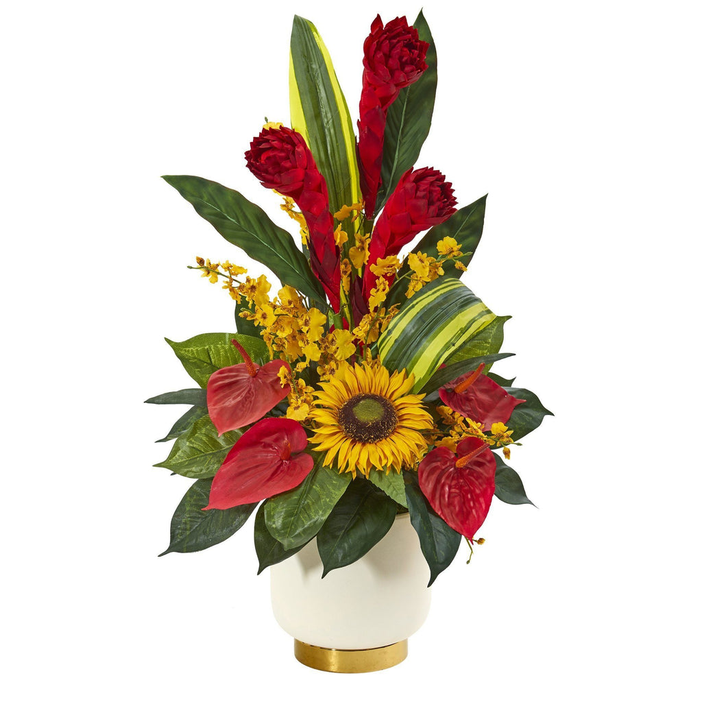 30” Mixed Tropical Floral Artificial Arrangement in Cream Vase with Gold Base