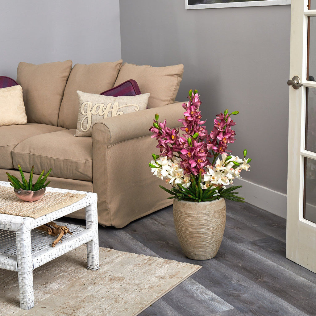 32” Cymbidium Orchid and Cactus Succulent Artificial Arrangement in Sand Colored Vase