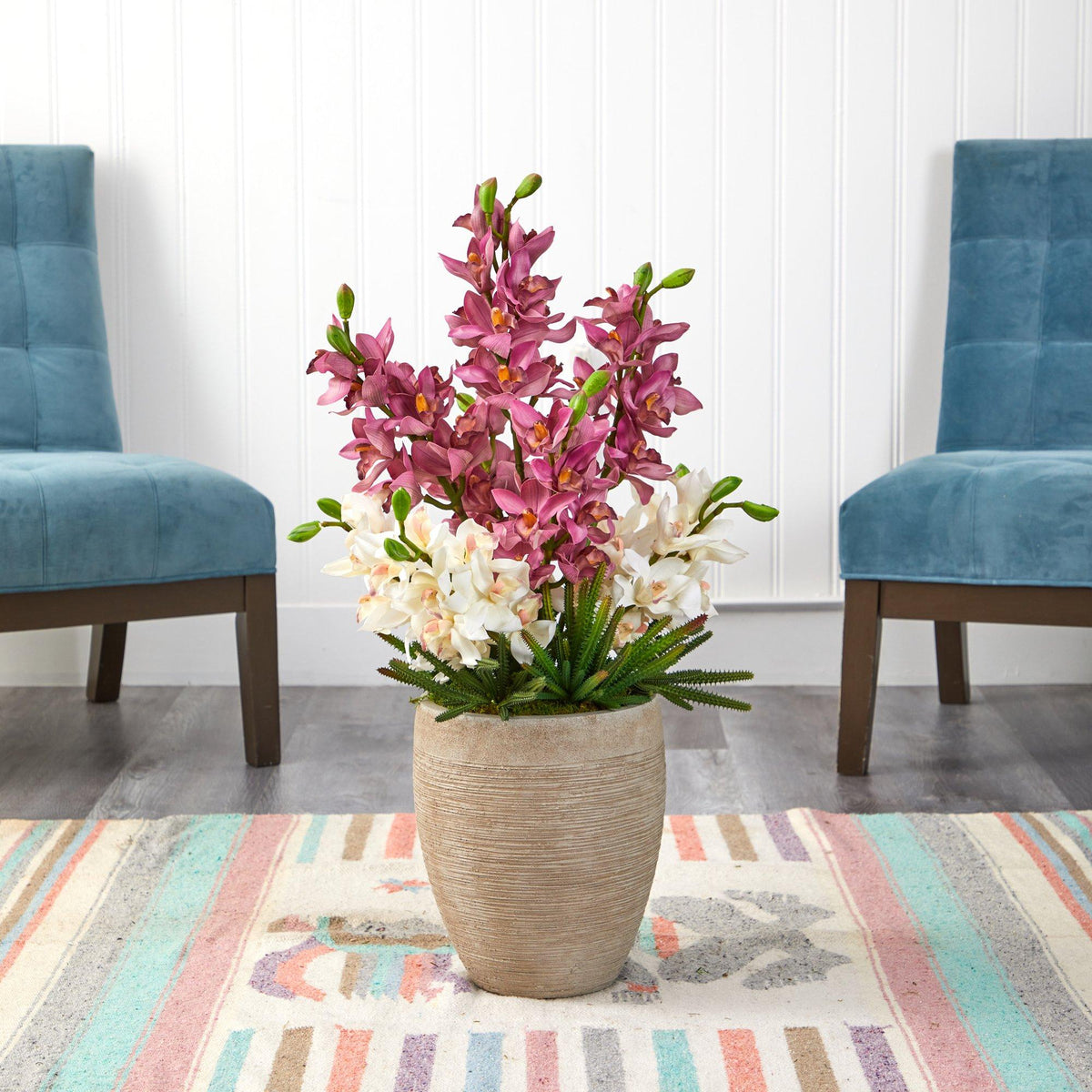 32” Cymbidium Orchid and Cactus Succulent Artificial Arrangement in Sand Colored Vase