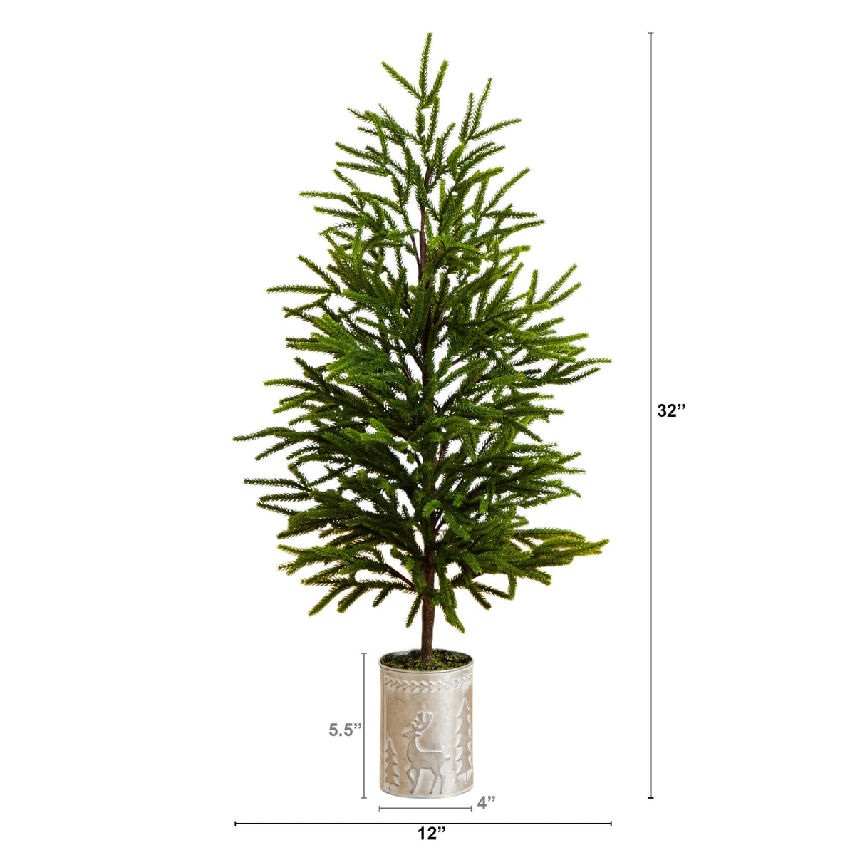 32" Artificial Real Touch Norfolk Island Pine in Christmas Tin Metal Planter with Natural Look