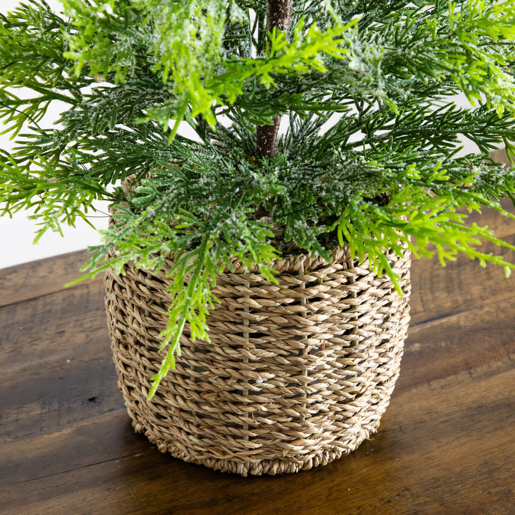 32" Pre-Lit Artificial Lightly Snowed Cypress Christmas Tree with 30 Warm White LED Lights in Decorative Weaved Basket