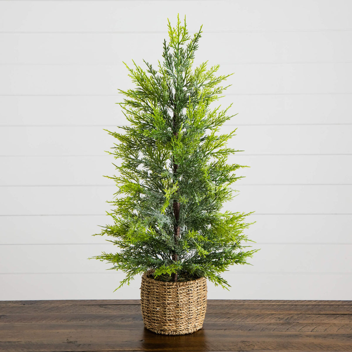 32" Pre-Lit Artificial Lightly Snowed Cypress Christmas Tree with 30 Warm White LED Lights in Decorative Weaved Basket
