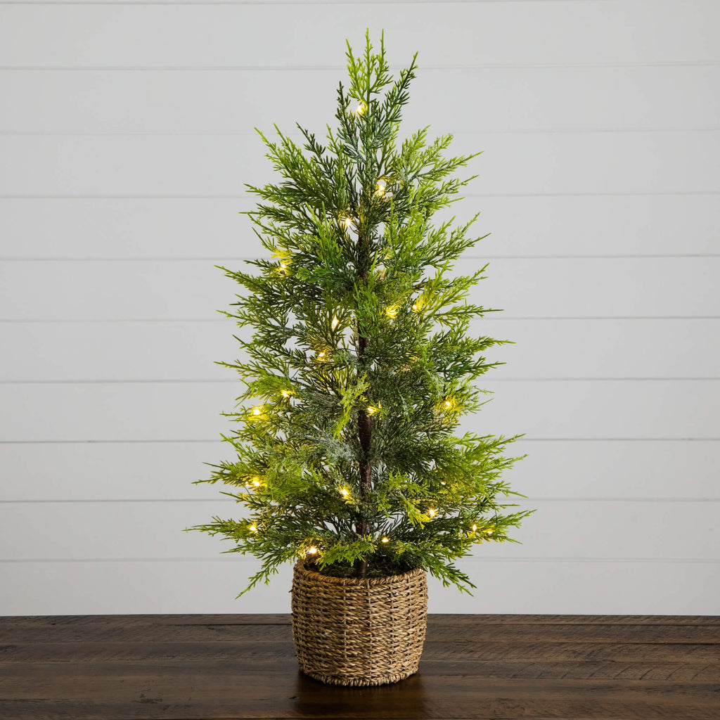 32" Pre-Lit Artificial Lightly Snowed Cypress Christmas Tree with 30 Warm White LED Lights in Decorative Weaved Basket