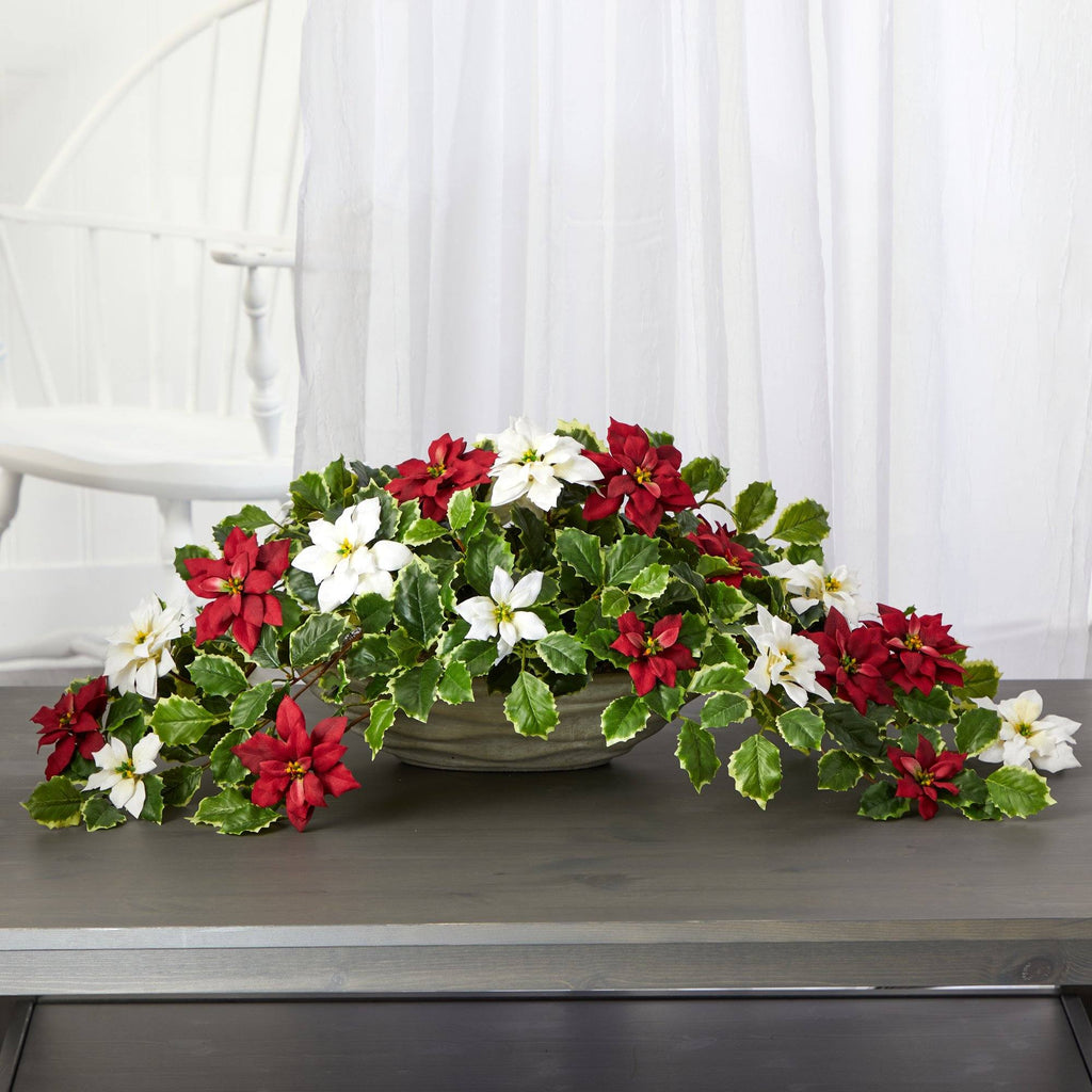 33” Poinsettia and Variegated Holly Artificial Plant in Planter (Real Touch)