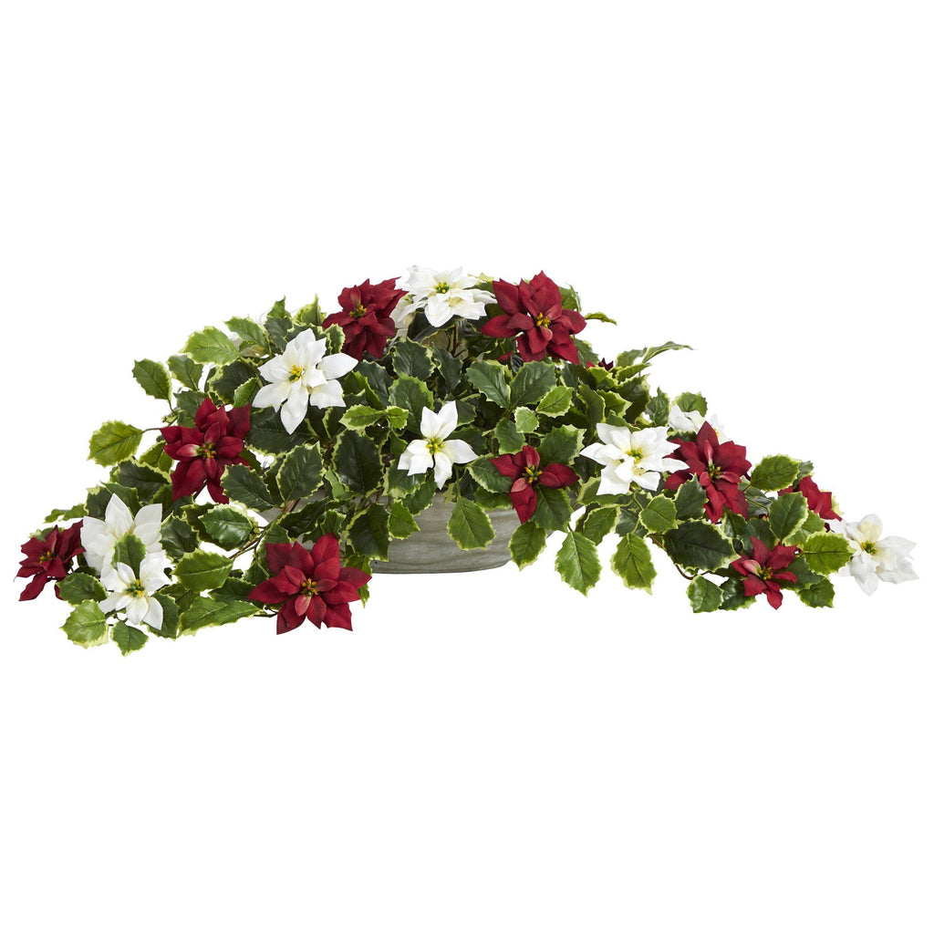 33” Poinsettia and Variegated Holly Artificial Plant in Planter (Real Touch)