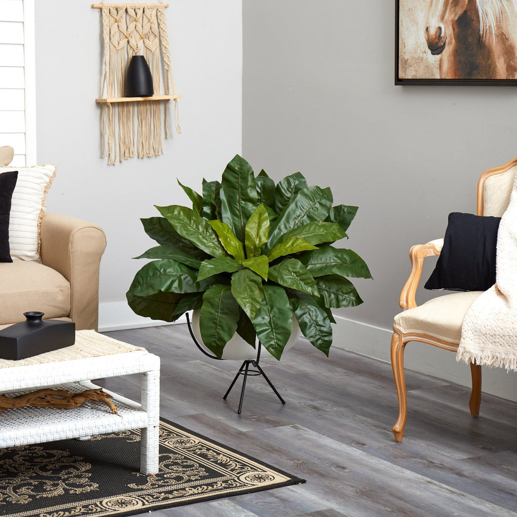34” Bird’s Nest Fern Artificial Plant in White Planter with Metal Stand