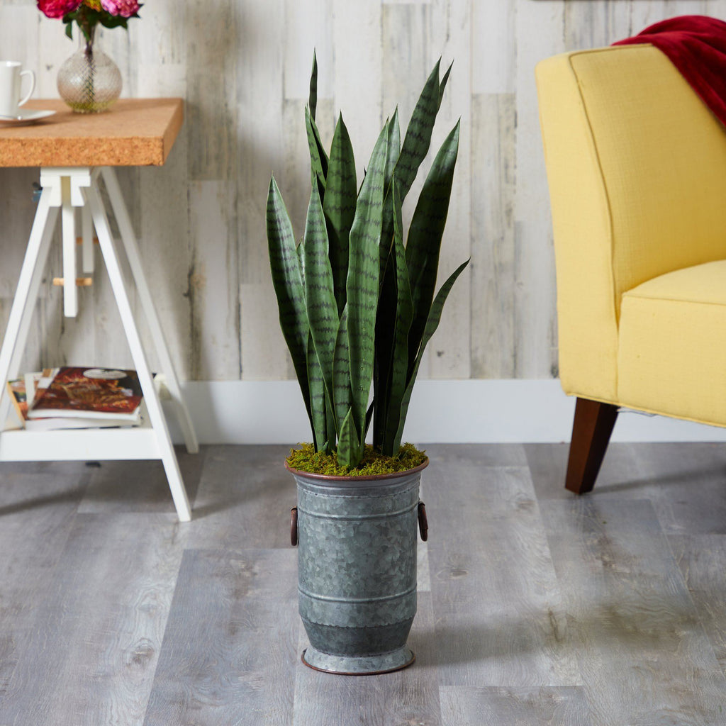 34” Sansevieria Artificial Plant in Vintage Metal Planter