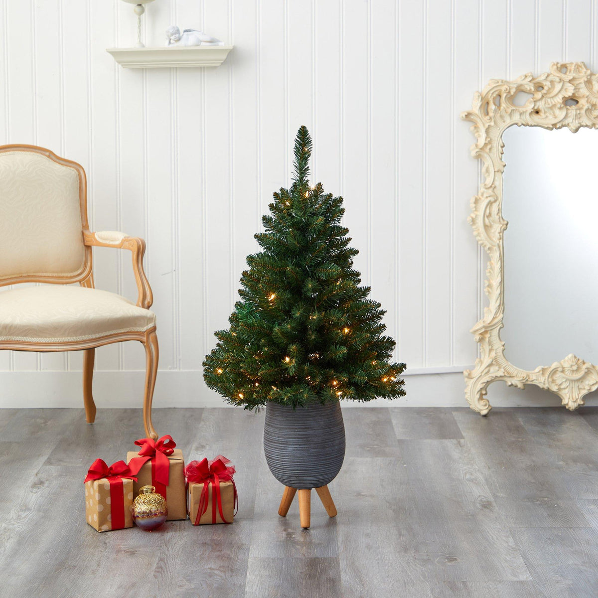 3.5’ Northern Rocky Spruce Artificial Christmas Tree with 50 Clear Lights and 154 Bendable Branches in Gray Planter with Stand