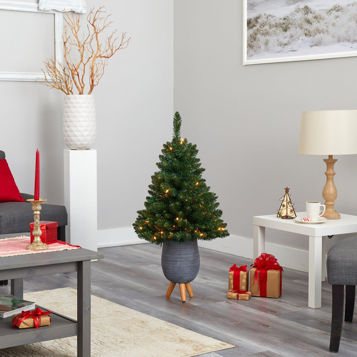 3.5’ Northern Rocky Spruce Artificial Christmas Tree with 50 Clear Lights and 154 Bendable Branches in Gray Planter with Stand