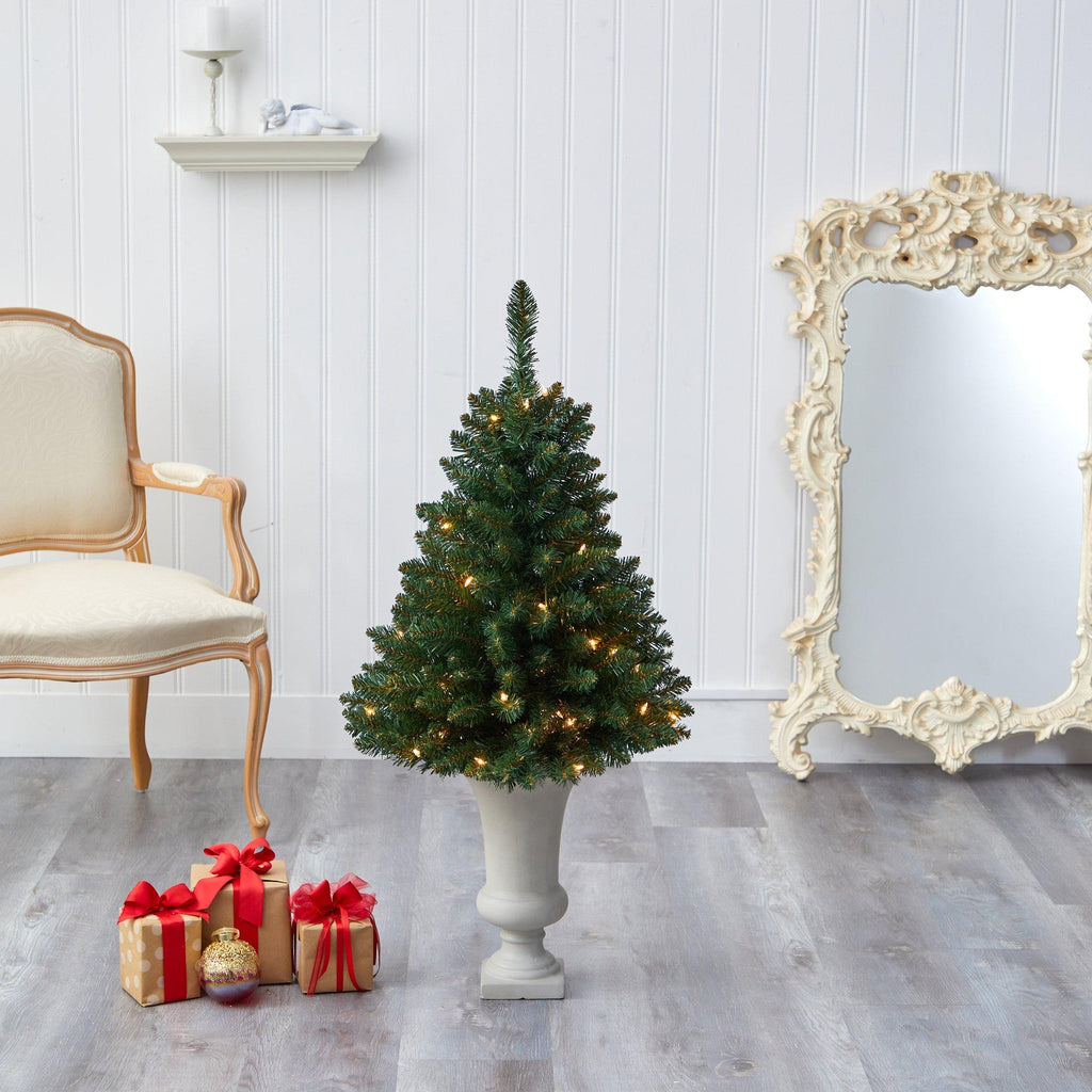 3.5’ Northern Rocky Spruce Artificial Christmas Tree with 50 Clear Lights and 154 Bendable Branches in Sand Colored Urn