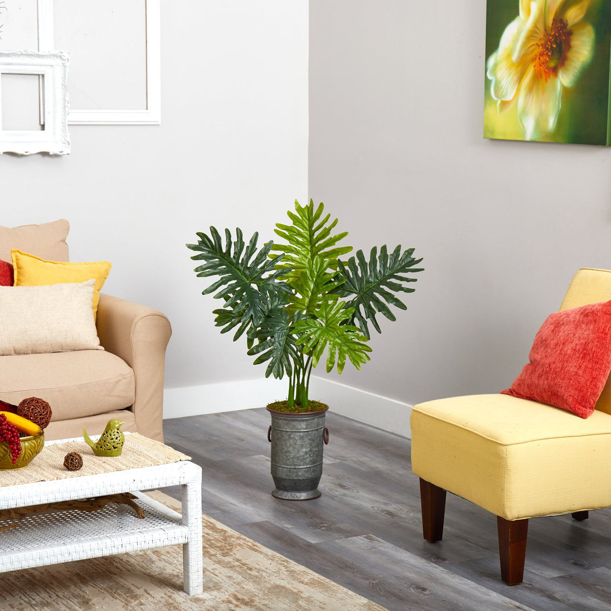 3.5’ Philodendron Artificial Plant in Vintage Metal Planter (Real Touch)