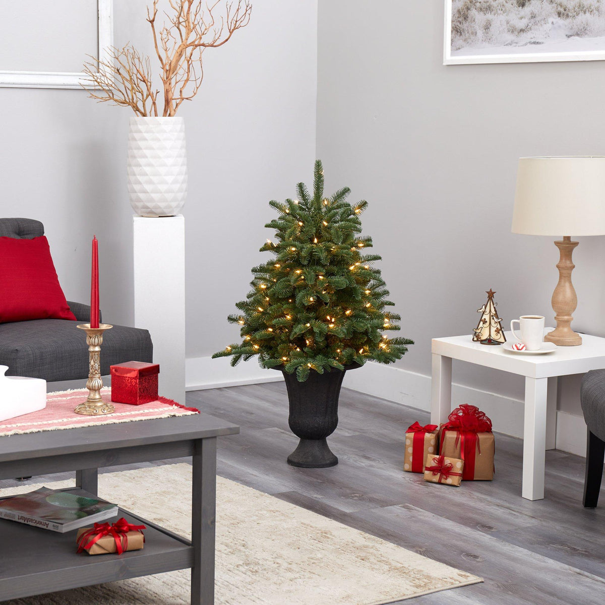 3.5’ South Carolina Spruce Artificial Christmas Tree with 100 White Warm Light and 458 Bendable Branches in Charcoal Urn