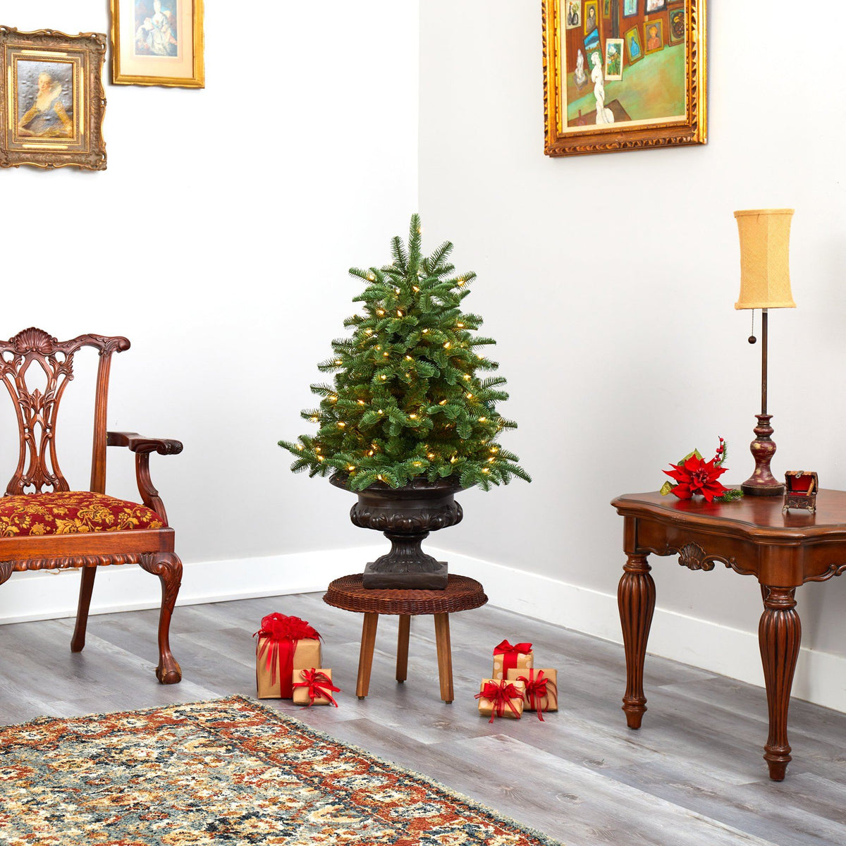 3.5’ South Carolina Spruce Artificial Christmas Tree with 100 White Warm Light and 458 Bendable Branches in Iron Colored Urn