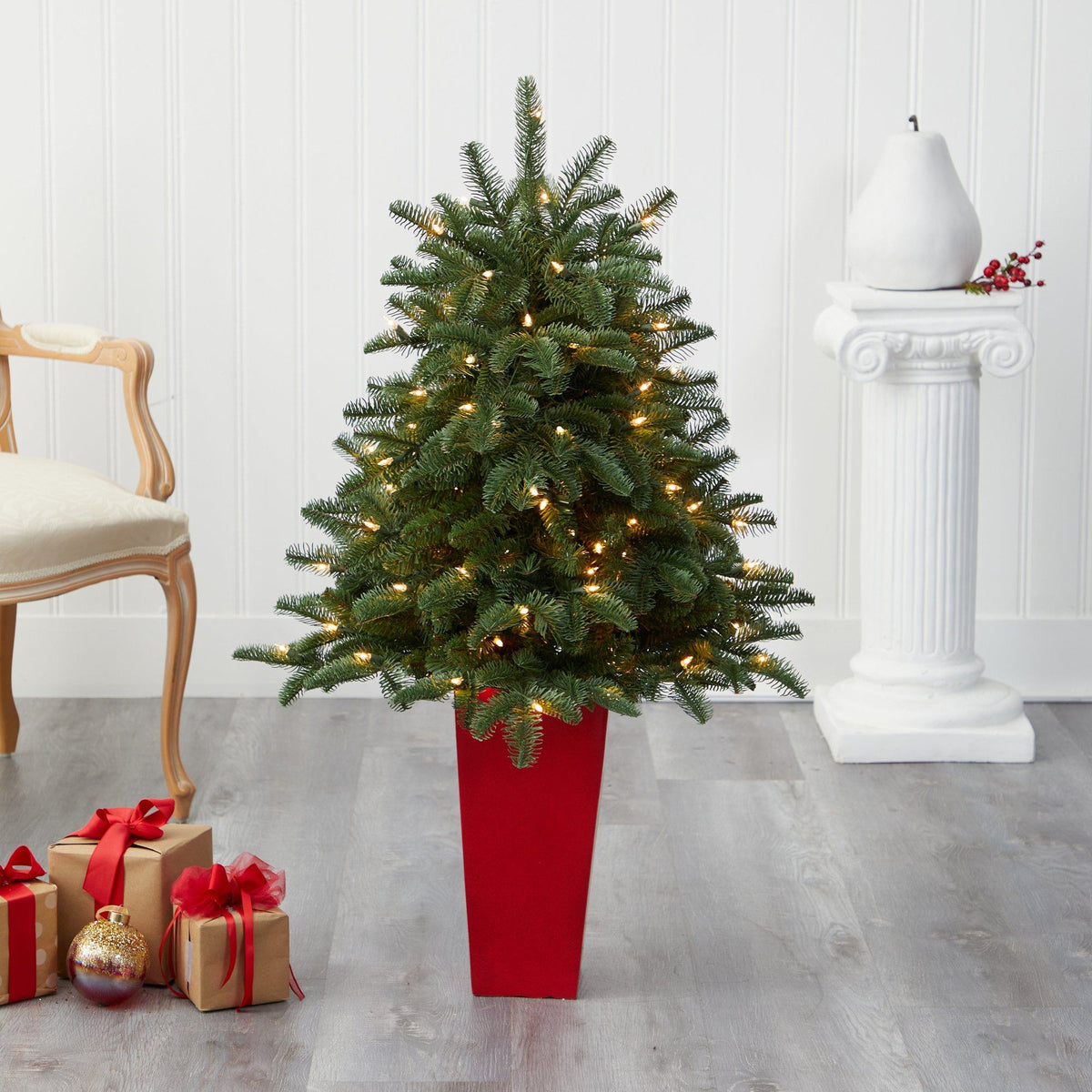 3.5’ South Carolina Spruce Artificial Christmas Tree with 100 White Warm Light and 458 Bendable Branches in Red Planter