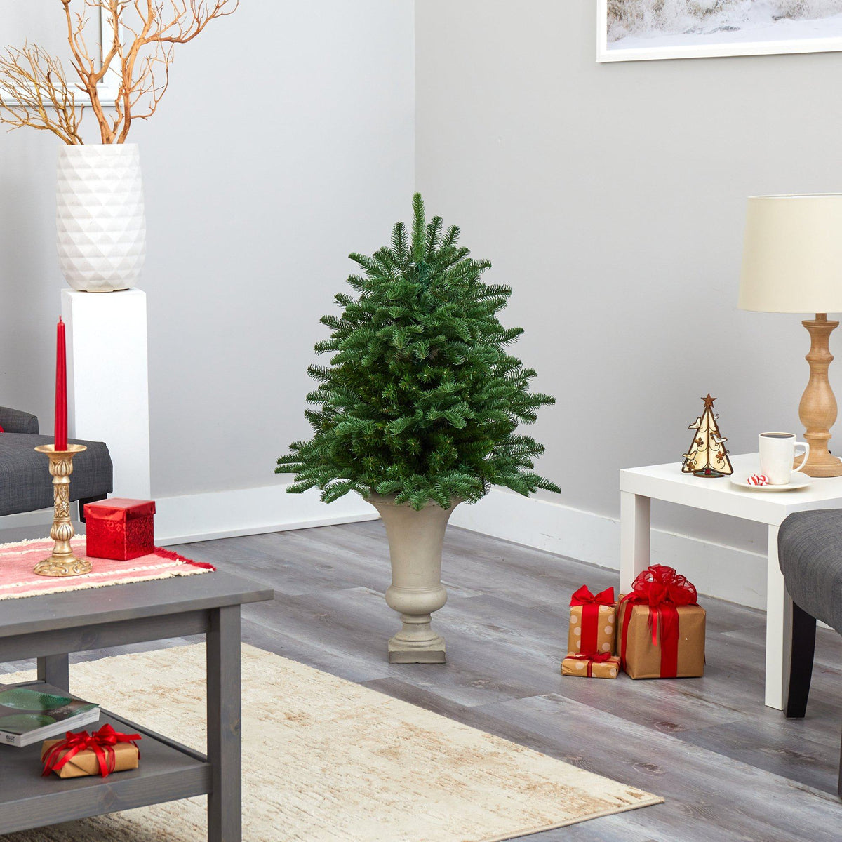 3.5’ South Carolina Spruce Artificial Christmas Tree with 458 Bendable Branches in Sand Colored Urn