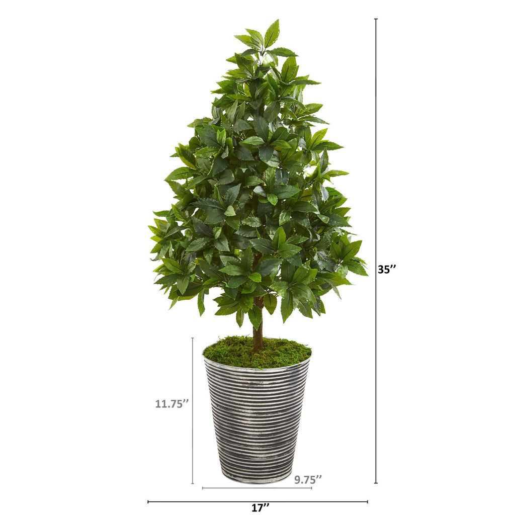 35” Sweet Bay Cone Topiary Artificial Tree in Tin Planter