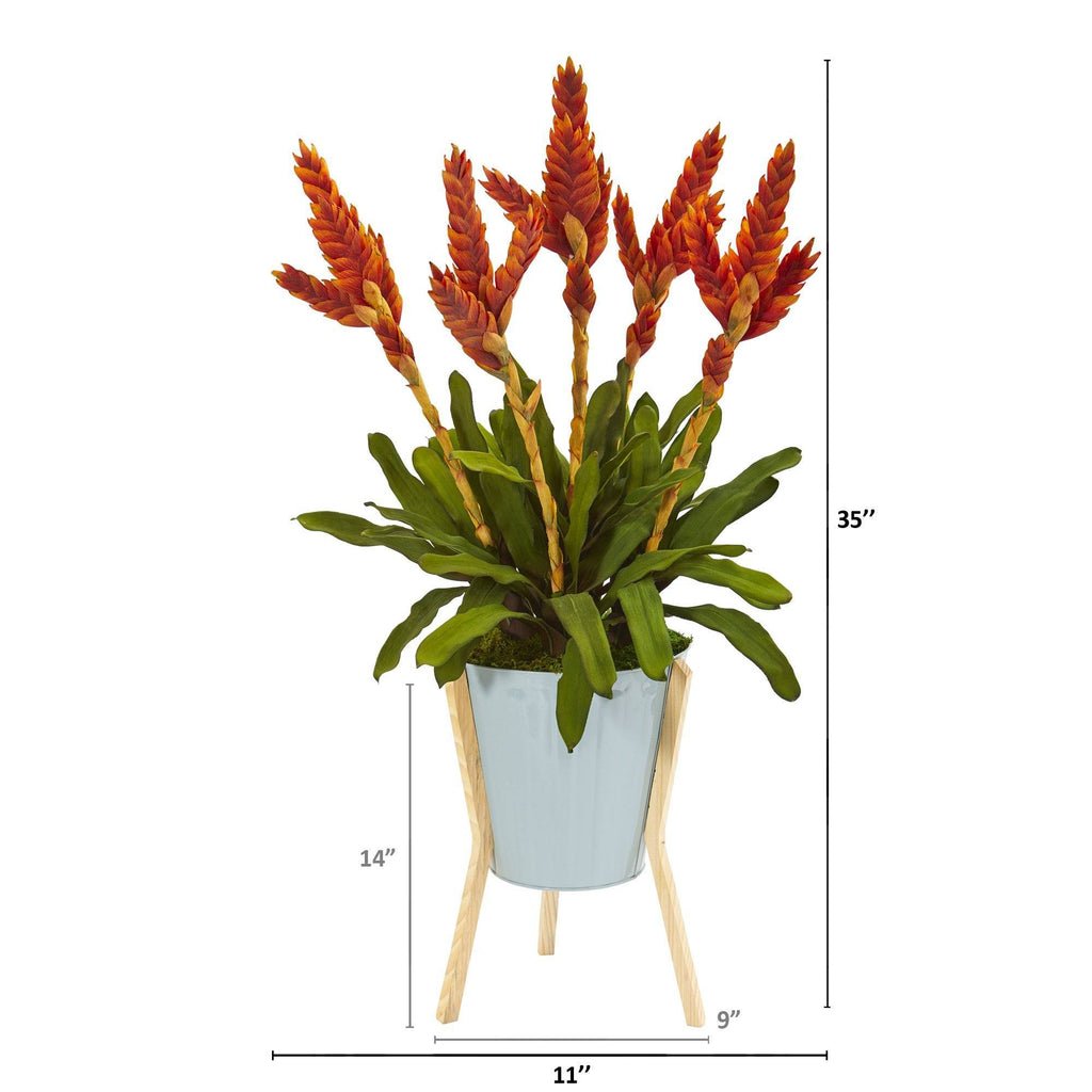 35” Tropical Bromeliad Artificial Plant in Green Planter with Stand