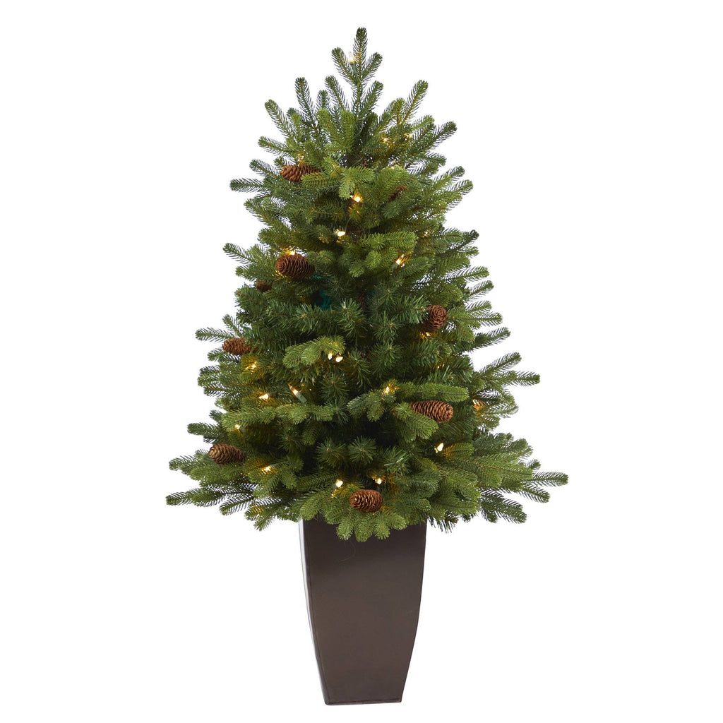 3.5’ Yukon Mountain Fir Artificial Christmas Tree with 50 Clear Lights and Pine Cones in Bronze Metal Planter