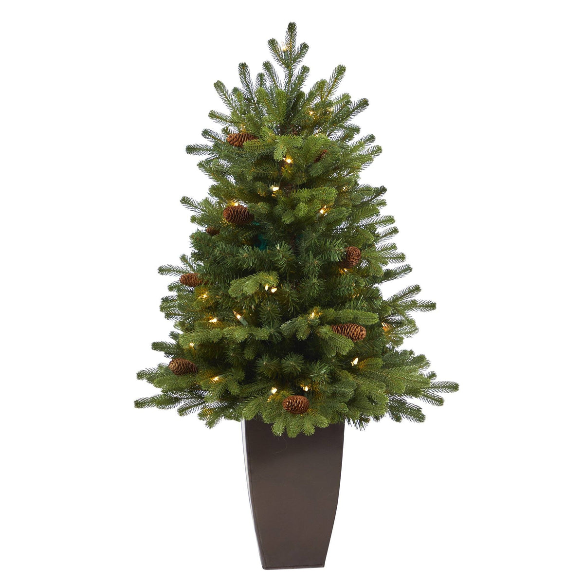 3.5’ Yukon Mountain Fir Artificial Christmas Tree with 50 Clear Lights and Pine Cones in Bronze Metal Planter