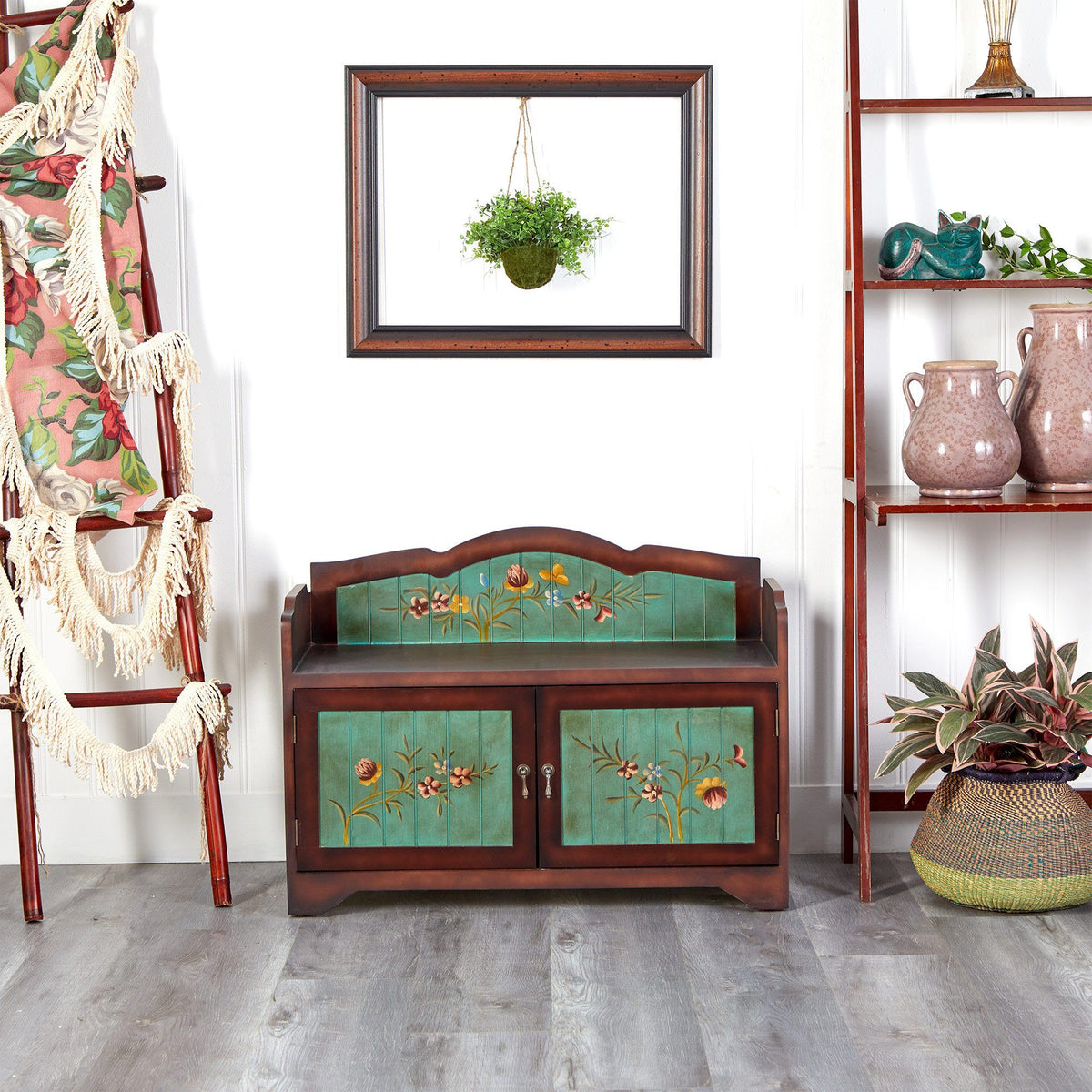 36’’ Antique Floral Art Bench with Drawers