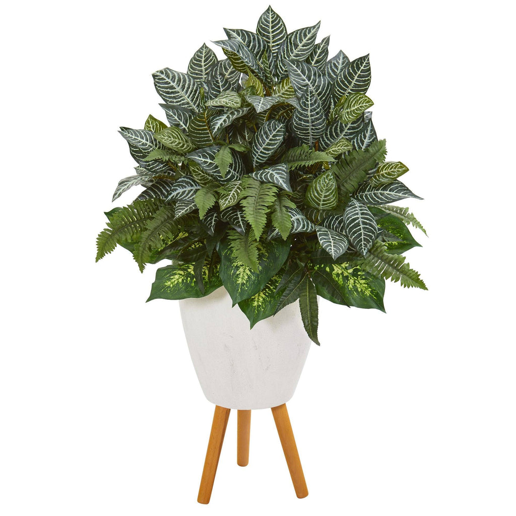 37” Mixed Greens Artificial Plant in White Planter with Stand