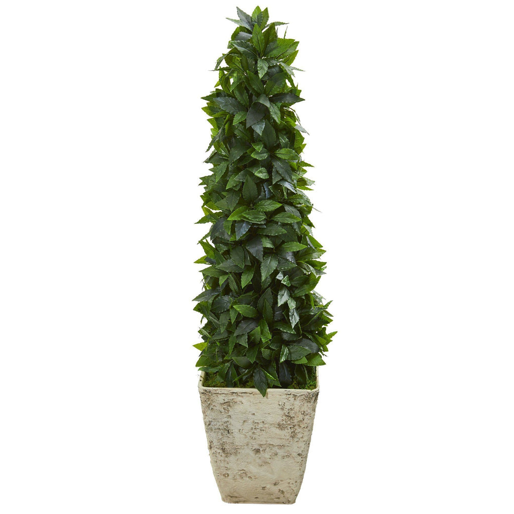38” Sweet Bay Cone Topiary Artificial Tree in Country White Planter